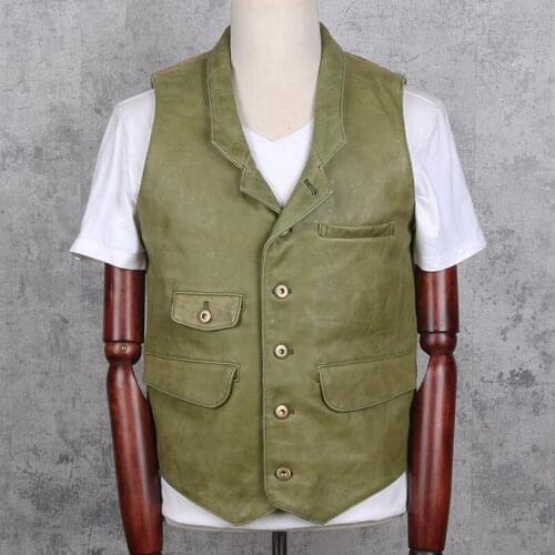 Genuine Mens Young Men Biker Motorcycle Vest Green Pure Color Slim Fit Casual Real Cowhide Leather Waistcoat