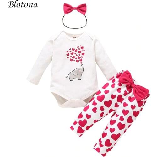 Blotona Baby Girls Valentines Day 3Pcs Clothes Set Cartoon Elephant Long Sleeve Romper+Heart Pattern Long Pants with Headband