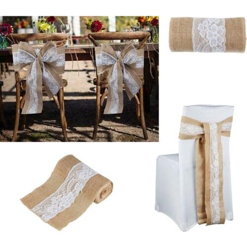 50pcs 15cm x 240cm Jute Burlap Lace Hessian Natural Elegant Burlap Chair Sashes Jute Chair Tie Bow for Rustic Wedding
