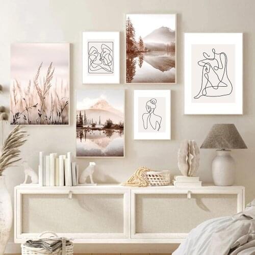 Woman Body Abstract Line Art Canvas Painting Grass Reed Nature Print Lake Mountain Landscape Poster Pictures Living Room Decor