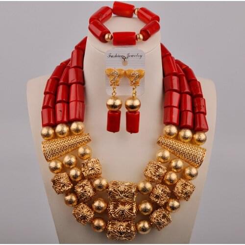 African Wedding Set Red Coral Beads Nigerian Coral Necklae Jewelry Set Bride Set