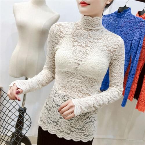 Blouse Women Womens Lace Shirt Sexy Hollow Long-Sleeved Turtleneck Slim Fit Sexy Blusas Ropa De Mujer