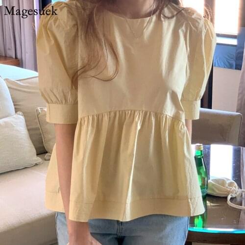 Korean Plus Size Fashion Women Blouses 2021 Summer Puff Sleeve Loose woman Shirt O Neck Yellow Casual Tops Blusas Mujer 14832