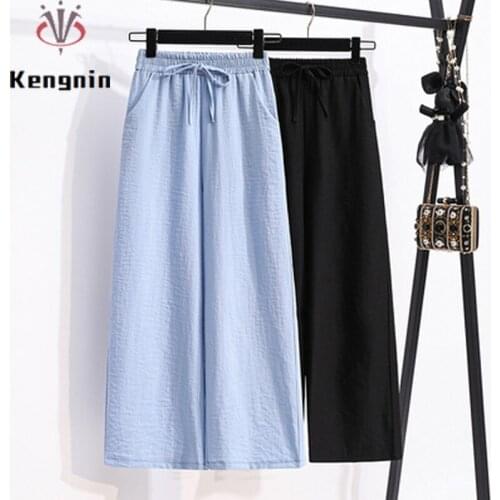 Autumn Winter Cotton Women Wide Leg Pants Plus Size 5XL Ladies Drawstring Elastic Waist Lady Trousers Female Loose Capris KN236