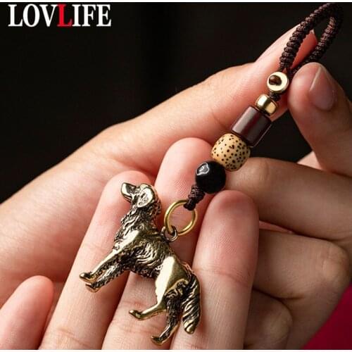 Solid Brass Cute Dog Keychain Pendant Handmade Woven Rope Loyalty Animal Key Chain Hanging Lanyard Jewelry Friends Keyring Gifts