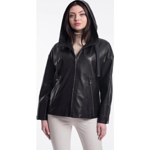 Black Hooded Womens Genuine Leather Jacket