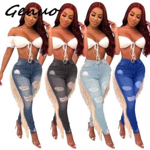 Genuo Distressed Tassel Jeans 2019 Autumn New Women Fashion Holes Denim Pants Casual Trousers Sexy Night Club Jeans Streetwear