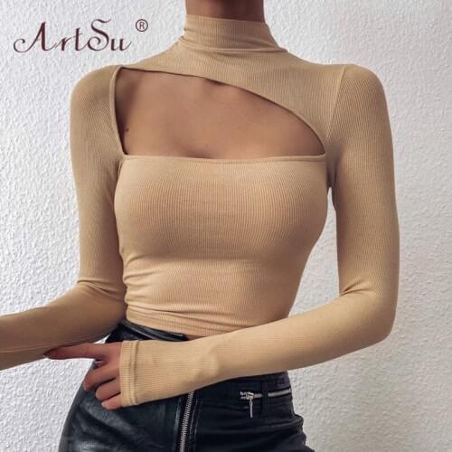 ArtSu Elegant Solid Black Ribbed Knitted T-Shirt Women Sexy Cut-Out Long Sleeve Crop Top Female O-Neck Skinny Tops Streetwear