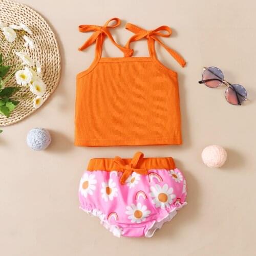 Pudcoco Baby Girls Clothes Set, Solid Color Sleeveless Square Collar Cropped Sling Tops + Daisy Print Short Pants Summer 2021