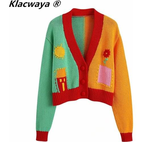 Klacwaya 2021 Women Fashion V Neck Color Matching Floral Crochet Short Knitting Sweater Female Chic Breasted Cardigans Top