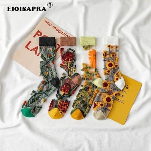 Creative Harajuku New Product Crystal Silk Fruit Tide Socks Funny Sunflowers Vines Flowers Happy Women Socks Casual Sox
