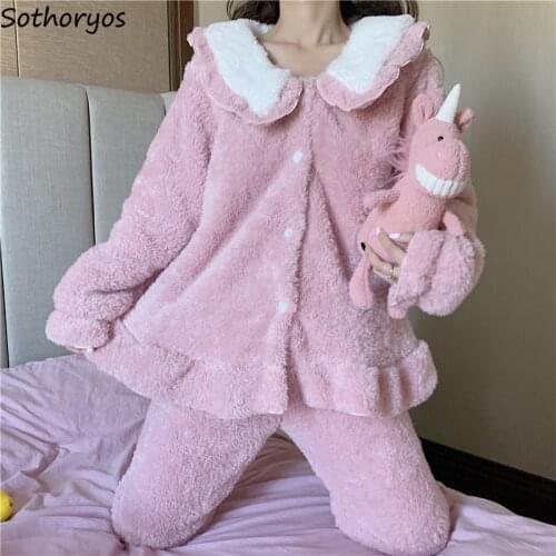 Coral Fleece Lovely Women Pajama Sets Plus Velvet Thicker Patchwork Ruffles Single Breasted Fashion Chic Homewear Korean Style