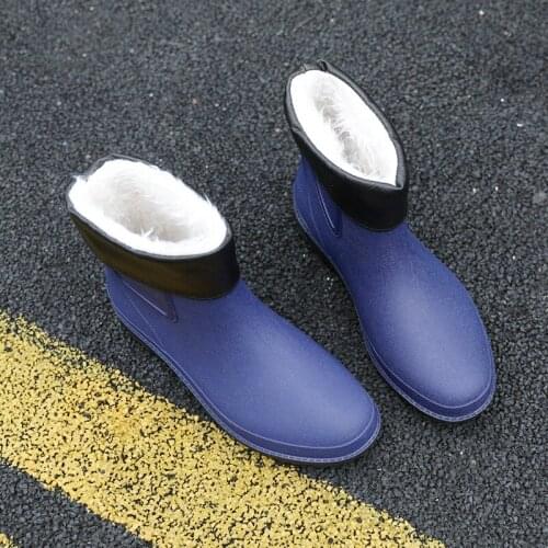 Fashion Mens Rain Boots Non-slip Ladies Rubber Shoes Waterproof Work Water Shoes 2021 Winter Warm Plush Men Ankle Rainboots