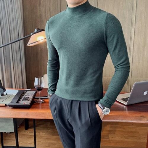 Mens fashion casual high neck solid British slim pullover bottoming shirt Mens double-sided fleece brushed high-end sweater