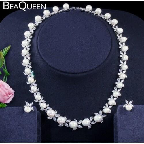 BeaQueen Elegant Cubic Zirconia Setting Big Round Pearl Bridal Earrings Necklace Sets Costume Jewelry for Women Wedding JS208