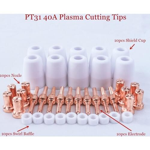 40pcs Plasma Cutting Torch Consumable Cutting Extended Long Shield Cup Swirl Baffle 40A PT31 Plasma Torch Tip Electrode Nozzle