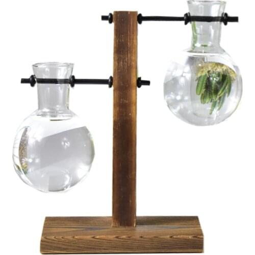 Table Desk Bulb Glass Hydroponic Vase Flower Plant Pot with Wooden Tray Office Decor LBShipping