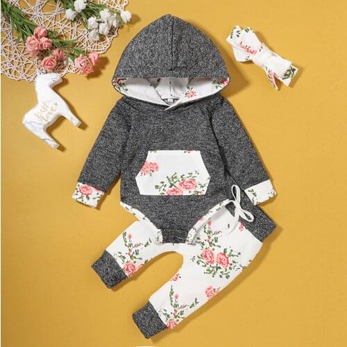 Autumn winter long-sleeved baby girl floral hooded sweater triangle romper + trousers + hair tie suit disfraz mama noel niña M4