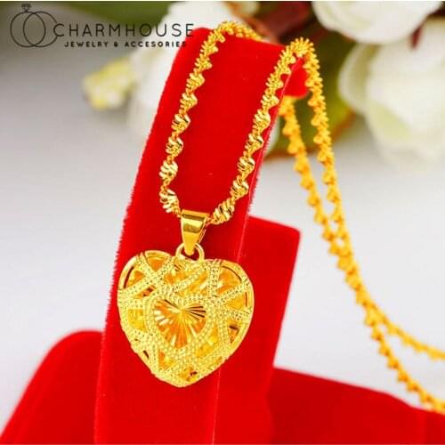 24K Gold Color Charm Necklaces For Girl Exquisite Heart Round Pendant & Necklace Twisted Chain Collier Femme Wedding Jewelry