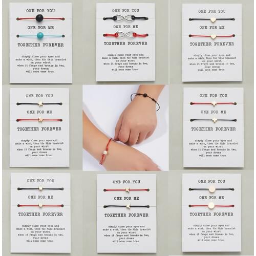 2pcs/set Heart Star Cross Charm Bracelets One for you one for me Red String Braiding Couple Bracelet for Men Women Wish Card