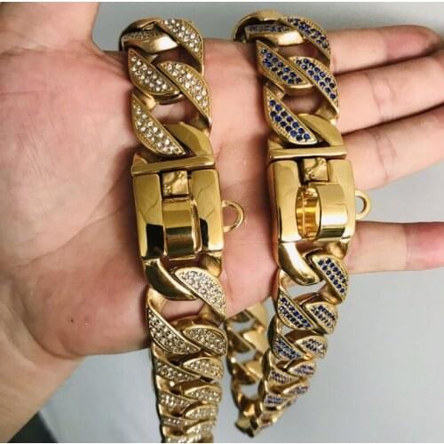 PMG Custom Dog Collar Leash Crystal Chain 23mm Stainless Steel Bulldog Pitbull Collar Leash Pet Trainning 70/75cm/80cm Length