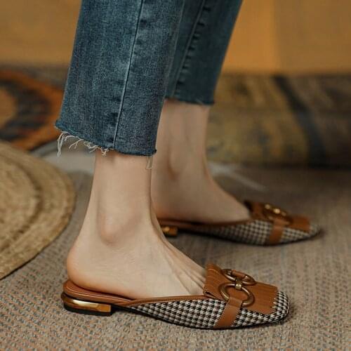 Womens Slippers Retro Houndstooth Tassel Casual Shoes for Woman Summer Outdoor Ladies Slides Metal Buckle Low Heel Sandals