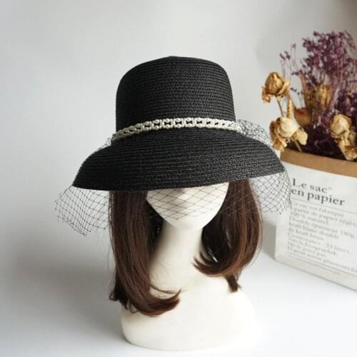 Woman French Elegant Retro Pearl Veil Black Bell-Shaped Basin Dome Paper Straw Hat Female Summer Sun Protection Beach Top Hat