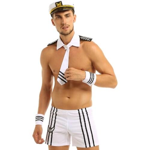 Men Male Navy Sailor Fancy Dress Up Shorts with Cap Collar Tie Cuffs Cosplay Parties Exotic Sexy Costumes Clubwear