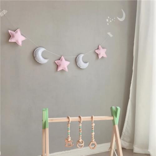 Nordic Nursery Kid Room Hanging Wall Decoration Monn Star String Felt Fabric Garland Party Banner Tent Bed Mat Hanging Decor