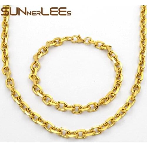SUNNERLEES Fashion Jewelry Stainless Steel Necklace Bracelet Set 6mm Link Chain For Mens Womens Gift SC37 S