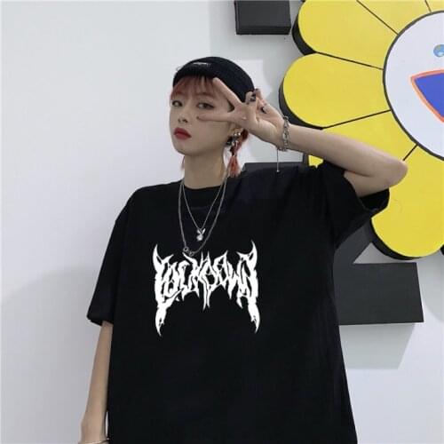 Streetwear punk style fluorescent green geometric pattern print Women T-shirt vintage loose hip-hop shirt dark gothic femme tops