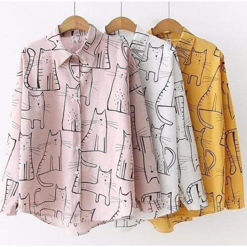 Women Turn Down Collar Long Sleeve Shirt Cute Cat Print Loose Casual Blosues Tops