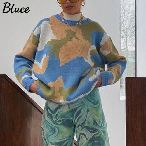 Women Spring And Autumn Contrast Printing Knit Sweater 2021 Fashion Casual Lady O Neck Soft Long Sleeve Pullover Sweater Tops