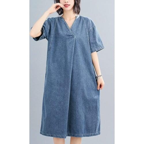 New Summer Style Women Dresses Plus Size Casual Loose V-Neck Solid Pockets Slim Jeans Dress For Females Denim One-Piece
