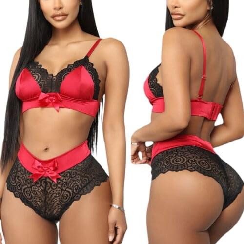 Women Lace Nightwear, Sleeping Lingerie See-Through Floral Fall Summer Bowknot Sling Bra Sex Briefs New Style 2021