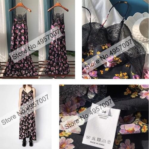 Women 100% Silk Lace Patchwork Hollow Out Floral Printed Strap Midi Dress