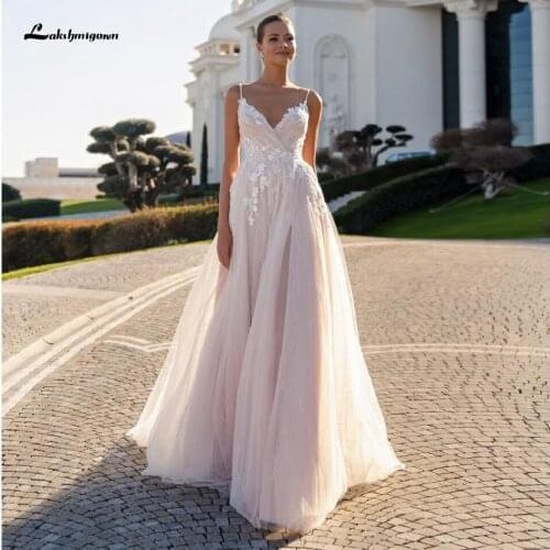 Elegant Bridal Dusty Pink Tulle Mariage Long Beach Wedding Dress Spaghetti Straps 2020 Vestido Boho Lace Wedding Gowns Open Back