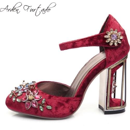 2018 summer chunky heels cage crystal high heels 10cm sandals velvet crystal flowers buckle strap sandals womens shoes