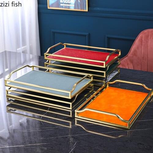 American Rectangular Leather Storage Tray Coffee Table Desktop Decoration Candy Cosmetics Jewelry Metal Tray Art Home Decoration