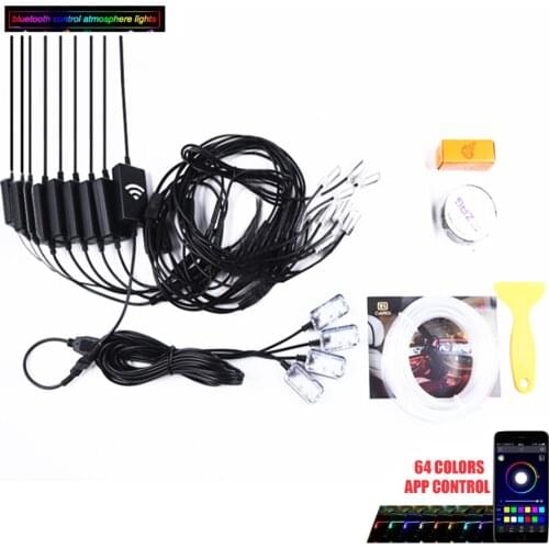 Car Ambient Light Foot Lamp RGB (8 + 4) with 10M Optical Fibre 64colors Led Wireless No Threading App Control
