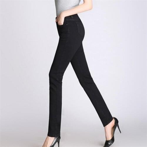 Free Shipping Womens 2019 New Straight Jeans Office Lady Mid Waist black Pants Girls Elastic Fabric Trousers Plus Size 26-34