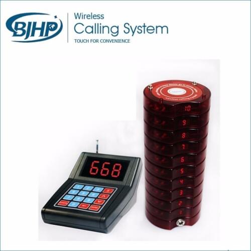 BJHP Waterproof wireless restaurant guest pocsag coaster pager keypad transmitter*1+charger base*1+coaster pager*10
