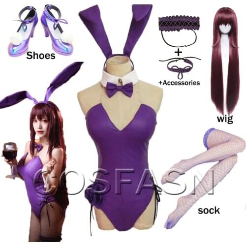 FGO Fate Grand Order Scathach Bartender Sexy Bunny Girl Maid Dress Uniform Outfit Anime Halloween Cosplay Costumes Wig and shoes