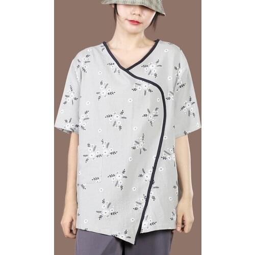 Women Cotton Linen Casual T-shirts New Arrival 2021 Summer Vintage Style V-neck Print Loose Female Short Sleeve Tops Tees S4045