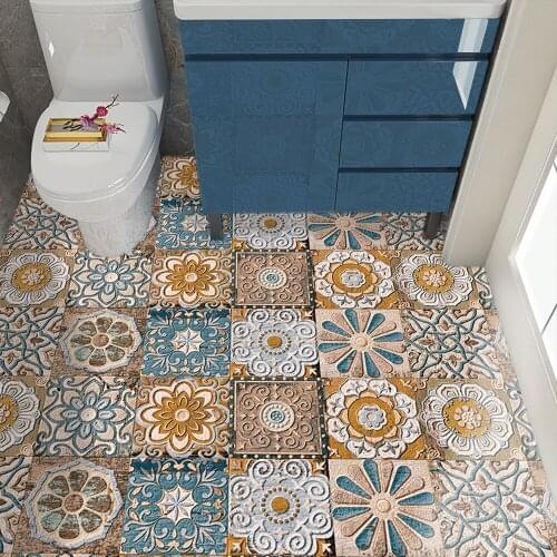 Spanish Style Retro Pattern Frosted Tiles Floor Wall Stickers Kitchen Desktop Bathroom Wallpaper Non-slip Ground Art Wall Decals