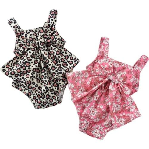 Baby Casual Romper Girls Flower Print Square Neck Sleeveless Bodysuit Playsuit With Big Bowknot For Summer High-Quality Material