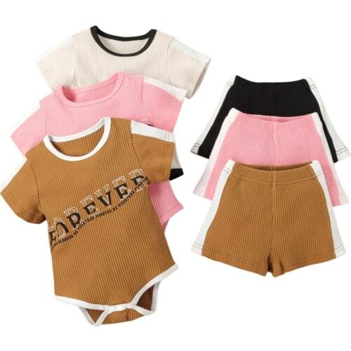 Baby Infant Two Piece Set Ribbed Short Sleeve Letter Print Bodysuit Striped Patchwork Shorts for Newborn