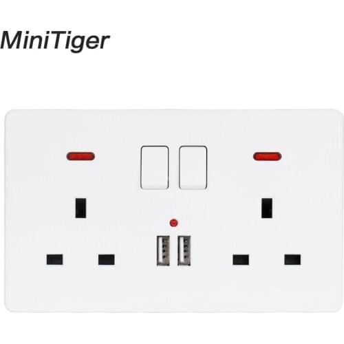 Minitiger Wall Power Socket Double UK Standard Outlet Switched 2.1A Dual USB Charger Port LED indicator 146mm*86mm White Color