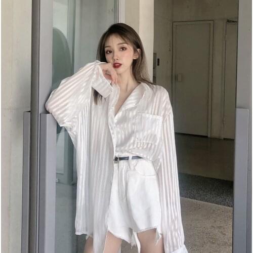 White French shirt womens long-sleeved striped design sense casual loose all-match bright silk sunscreen shirt thin coat