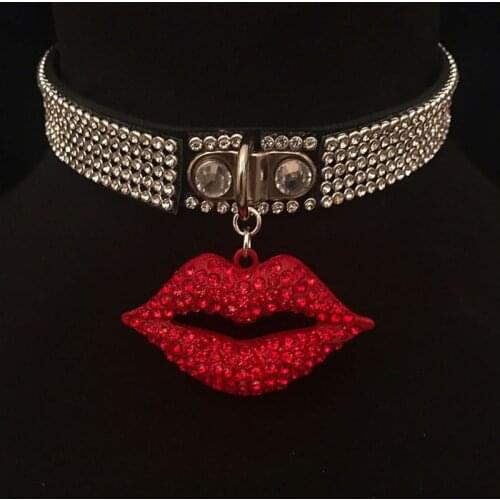 Handmade Punk Gothic Leather Choker Fetish Collar Crystal Shiny Red Lip Mouth Collar Necklace BDSM Cosplay Collar